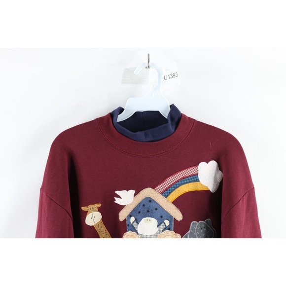 Vintage 90s Womens Size Medium Quilt Patchwork Noahs Ark Animal Sweatshirt USA - Picture 2 of 7